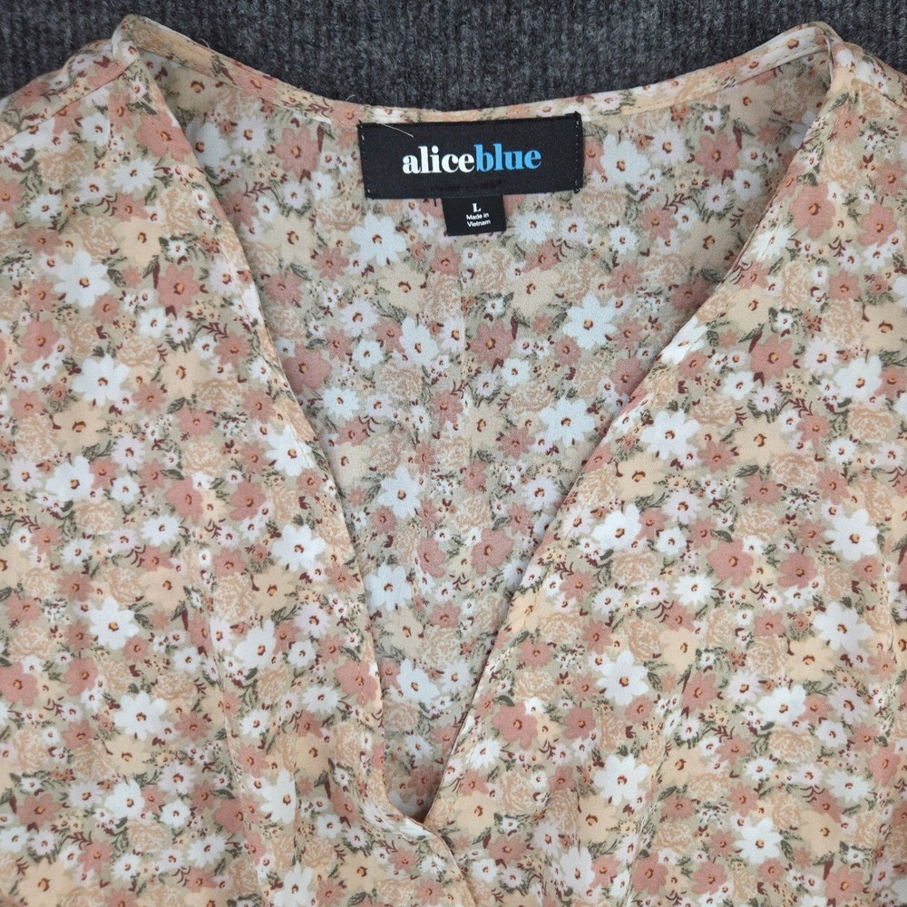 Alice Blue Floral Top Womens L Peach Polyester Smocked Puff Sleeve Cottagecore